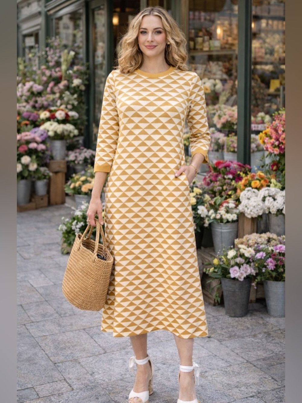 NEW Aleeza Paris Yellow & Ivory Geometric Midi Dress – Sample (Fits Medium)